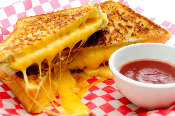 Decadent Grilled Cheese Sandwiches Oozing Cheese Running Out Ketchup Dipping — Stock Photo, Image