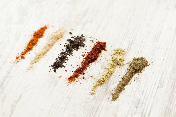 Flat Lay Variety Spices White Table — Stock Photo, Image