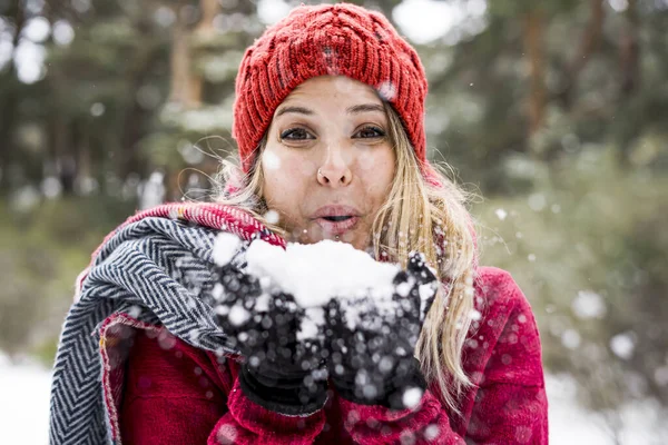 Happy Young Woman Playing Snow Winter Blowing Snowflakes Camera Copy — 스톡 사진