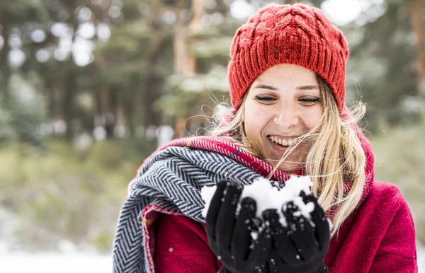 Happy Young Woman Playing Snow Winter Blowing Snowflakes Camera Copy — 스톡 사진