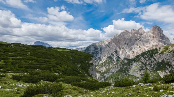 Adembenemende Bergtoppen Bij Met Gras Bedekte Weiden Die Een Zonnige — Stockfoto