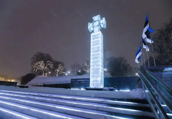 Freiheitsstatue Und Nationaltrikolore Aus Glas Schneesturm Der Winternacht Tallinn Estland — Stockfoto