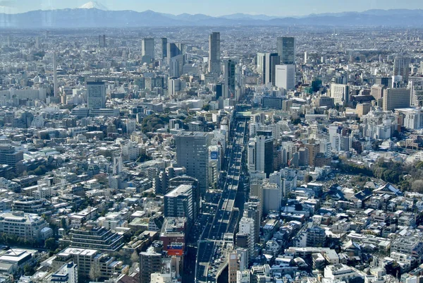 東京都 2013年1月15日 六本木から渋谷までを背景とした東京 高速道路3号線の空中写真富士山 — ストック写真