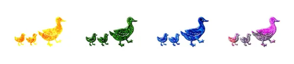 Izolowana Ilustracja Czterech Kaczek Kaczątkami Składającymi Się Różnych Żywych Wzorów — Zdjęcie stockowe