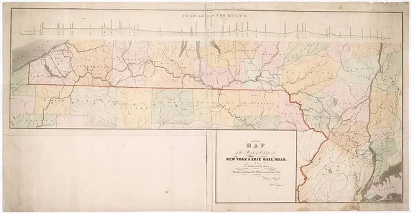 1834年にホワイトバックで調査された提案されたニューヨーク アンド エリー鉄道の路線図 — ストック写真