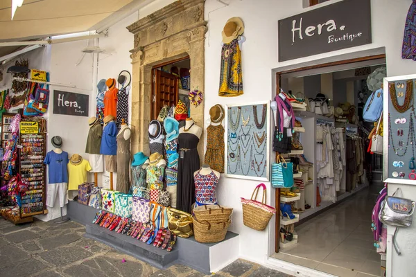 Rhodes Greece Apr 2020 Traditional Clothes Jewellery Shop Lindos Island — Fotografia de Stock