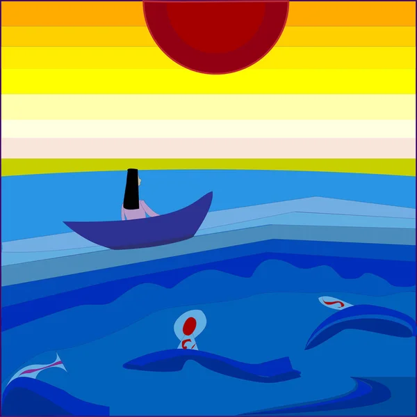 Illustration Girl Sailing Wavy Ocean Gleaming Layers Sunset — Stock Photo, Image