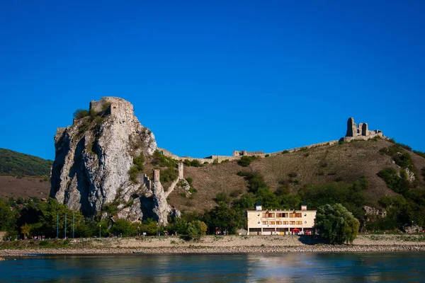 View Famous Devin Castle Hill Bratislava Slovakia Clear Blue Sky — Foto Stock