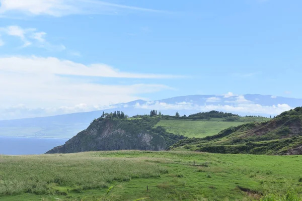 Oceanside Landscape Green Rolling Hill Ranch Road Hana Island Maui — Stock Photo, Image