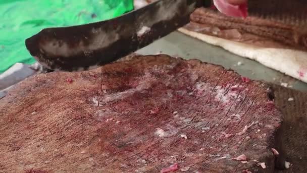 Closeup Butcher Cutting Meat Wooden Board Shot — Stockvideo