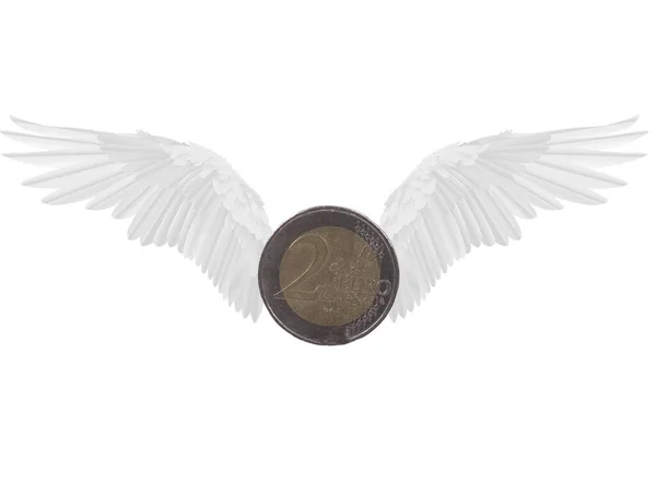 Eine Zwei Euro Münze Mit Weißen Engelsflügeln Auf Weißem Hintergrund — Stockfoto
