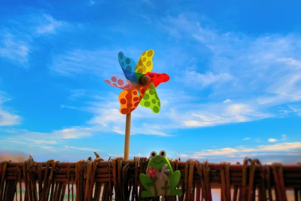 Вид Різнокольорову Вітряну Млин Декоративну Іграшку Жаби Тлі Хмарного Блакитного — стокове фото