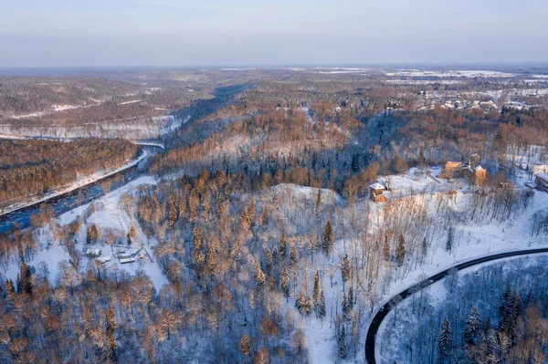 在冬季的一天 空中拍摄的在一条流过白雪覆盖的森林的河流中融化的冰块 — 图库照片