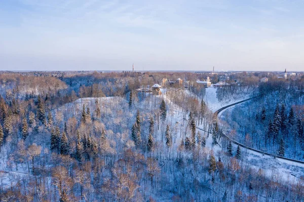 雪に覆われた森を抜ける道の空中ショット — ストック写真