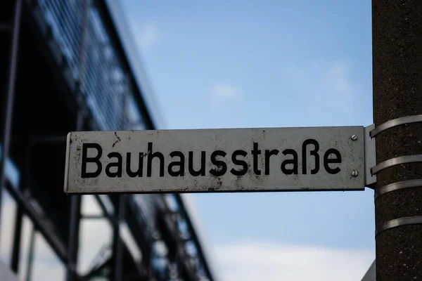 Selective Focus Metallic Street Sign Post Bauhaus Street Written — Stock Photo, Image