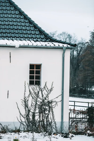 Eine Vertikale Aufnahme Eines Hauses Umgeben Von Schneebedeckten Bäumen Unter — Stockfoto