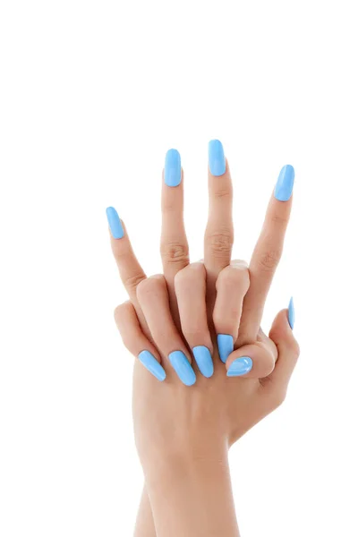 Vertical Shot Female Hands Blue Nail Polish White Background — Stock Photo, Image