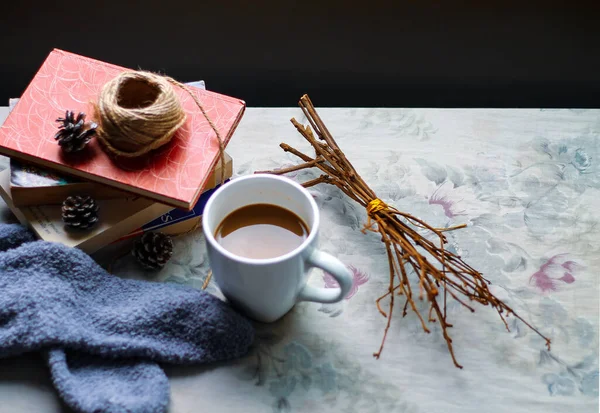 Mug Coffee Books Table Decorative Pine Cones Dry Branches — Stock Photo, Image