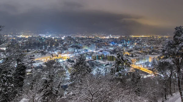 Vista Panorâmica Colina Referência Schlossberg Graz Uma Noite Fria Inverno — Fotografia de Stock