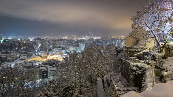 Inverno Graz Vista Colina Histórica Schlossberg Meio Histórica Cidade Velha — Fotografia de Stock