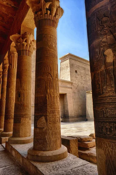 Mısır Aswan Kentindeki Bir Tapınaktaki Eğri Kolonların Dikey Çekimi — Stok fotoğraf