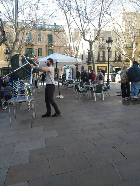 Barcelon Spanien Jan 2021 Människor Som Väntar Att Sitta Barterrassen — Stockfoto