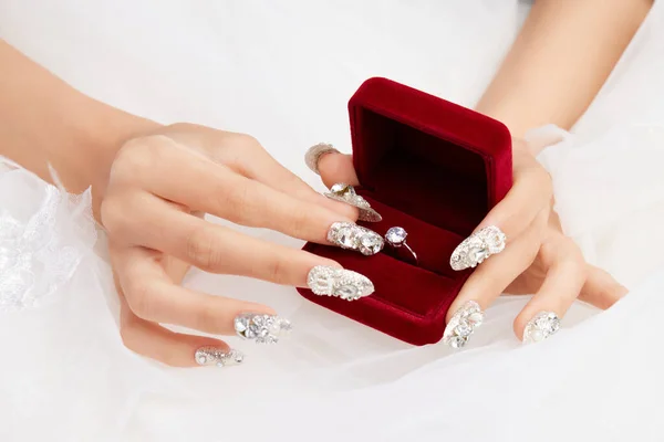 Closeup Shot Female Hands Diamonds Nails Grabbing Diamond Ring — Stock Photo, Image