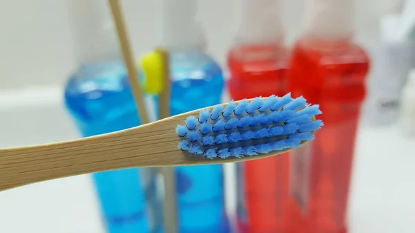 Closeup Shot Bamboo Toothbrush Blurred Background — Stock Photo, Image