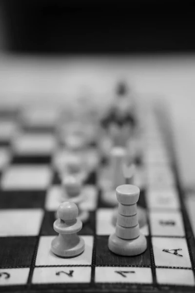 Grayscale Shot Chessboard Focus White Rook Pawn — Stock Photo, Image