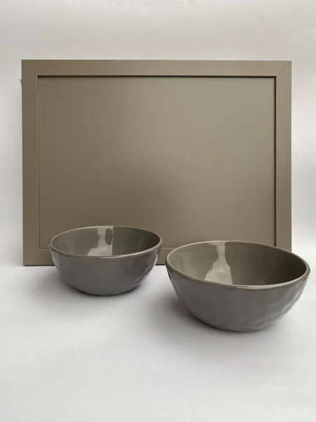Vertical Shot Gray Ceramic Bowls Tray White Background — Stock Photo, Image