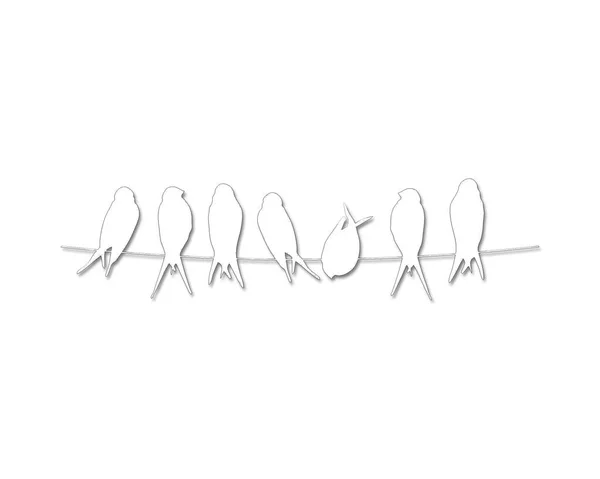Line Art Illustration Birds Sitting Wire Isolated White Background — Stockfoto