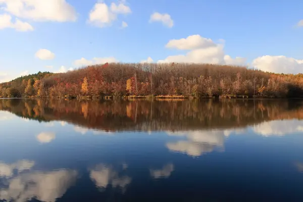 Zbliżenie Ujęcia Jeziora Odzwierciedlającego Jesienne Kolory Lasu — Zdjęcie stockowe