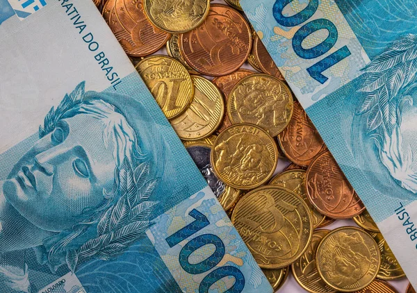 Overhead Shot Brazilian Reals Coins Finance Concept — Stock Photo, Image