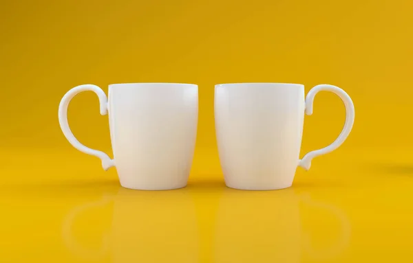 Una Representación Dos Tazas Blancas Realistas Sobre Fondo Amarillo — Foto de Stock