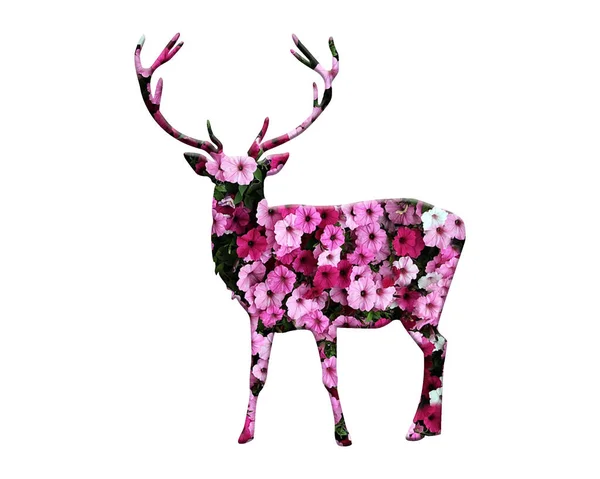 由紫色和粉红色的花在白色背景上组成的鹿的3D渲染图 — 图库照片