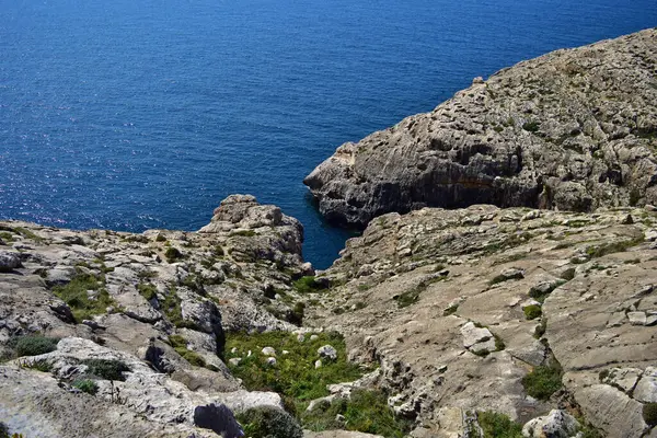 Angle Élevé Une Falaise Rocheuse Recouverte Herbe Verte Par Eau — Photo