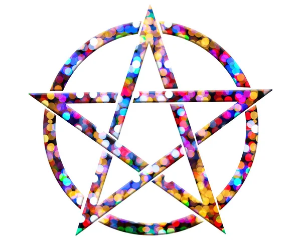 Beyaz Arkaplanda Izole Edilmiş Renkli Bokeh Işıklarından Oluşan Bir Pentagram — Stok fotoğraf