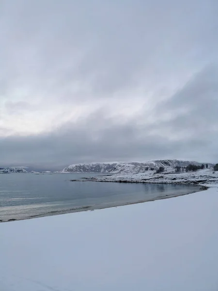 Plano Vertical Del Invierno Región Ártica Hillesoy Isla Kvaloya Tromso —  Fotos de Stock