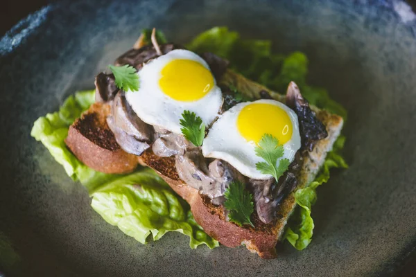 Primer Plano Delicioso Plato Con Carne Huevos Lechuga — Foto de Stock