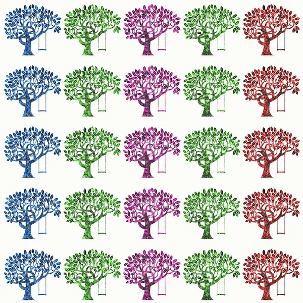 Μια Απεικόνιση Ενός Μοτίβου Πολύχρωμων Δέντρων Κούνιες Απομονωμένες Λευκό Φόντο — Φωτογραφία Αρχείου
