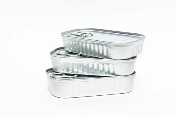 Closeup Shot Aluminum Cans Food Preservation Isolated White Background — Stock Photo, Image