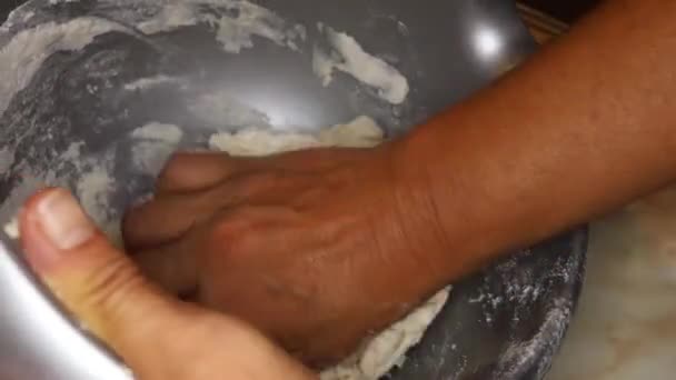 Closeup Shot Chef Making Dough Flour Metal Bowl — Stok video