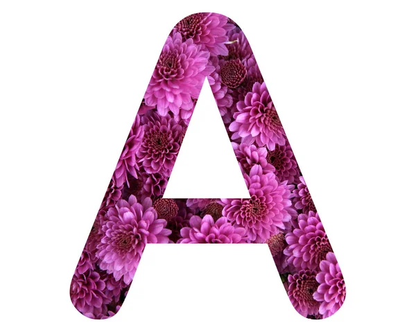 白色底色的紫色花制成的字母A的3D渲染说明 — 图库照片