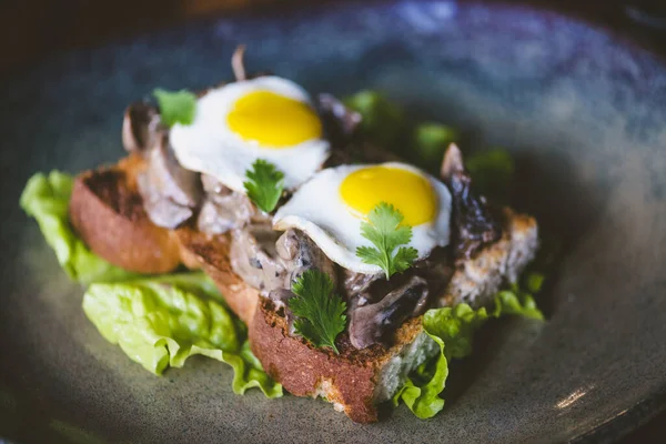 Primer Plano Delicioso Plato Con Carne Huevos Lechuga — Foto de Stock
