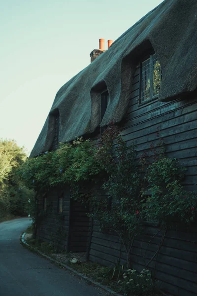 Een Verticaal Schot Van Een Mooi Gezellig Huis Langs Weg — Stockfoto