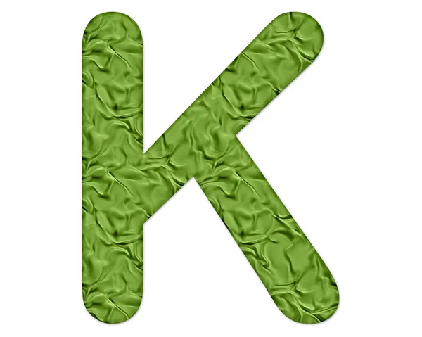 白い背景に緑の絹の質感で作られた文字Kの3Dレンダリングイラスト — ストック写真