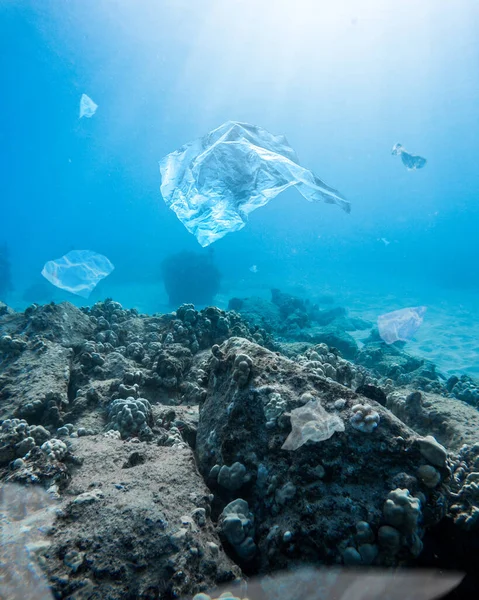 海の底にビニール袋の垂直ショット 水の汚染 — ストック写真
