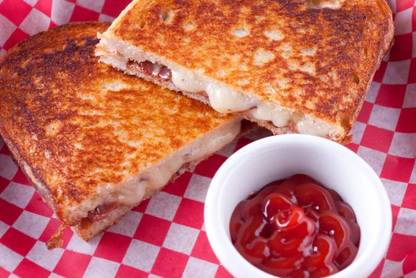 Decadent Grilled Cheese Bacon Sandwiches Oozing Cheese Running Out Ketchup — Stock Photo, Image