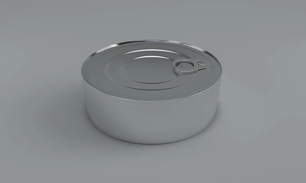 灰色背景下用于食物的金属银罐的3D渲染说明 — 图库照片