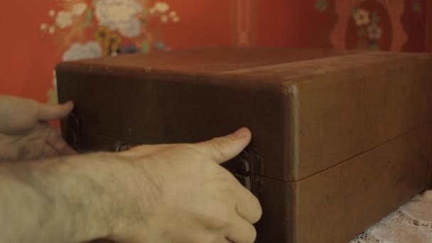 Closeup Shot Male Showing His Old Turntable Vinyl Record Player — Stockvideo